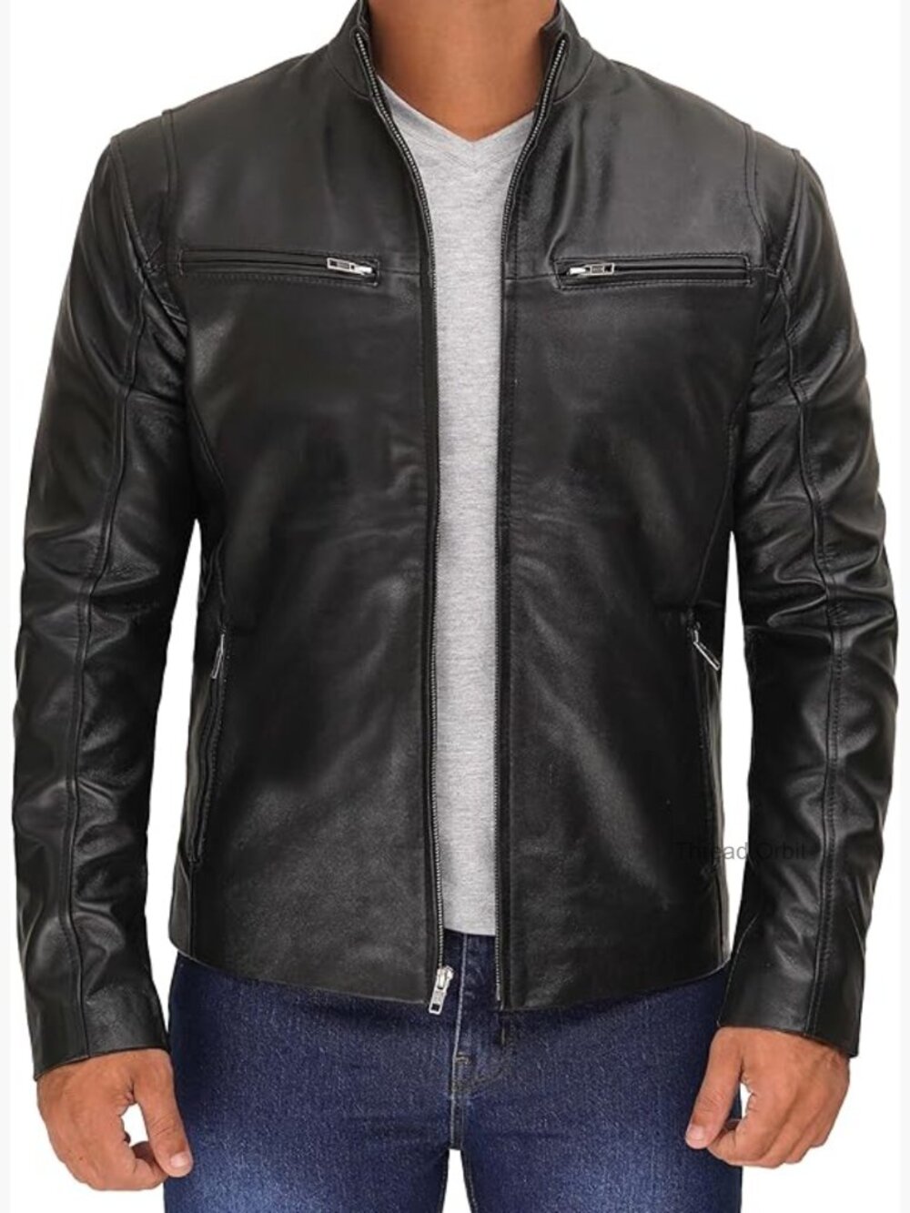 Real Lambskin Leather Cafe Racer Jacket with Zipper Closure